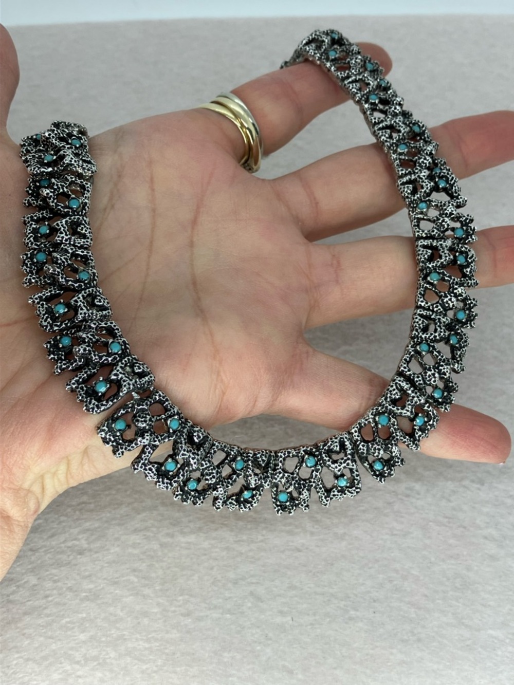 Vtg D’orlan Brutalist Abstract Modernist Blue Stone Silver Tone Collar Necklace - Picture 7 of 15